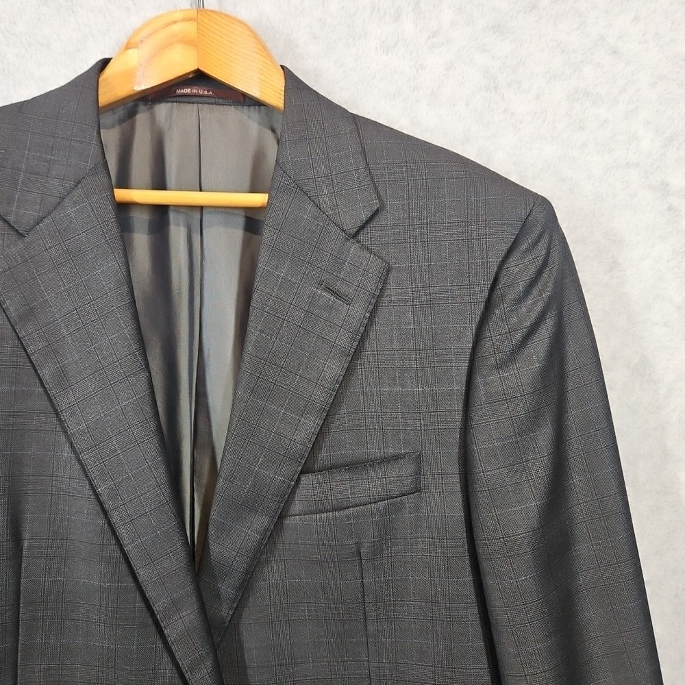 Hickey Freeman 42L Plaid Dark Grey 100% Worsted Wool Jacket Blazer Sport Coat